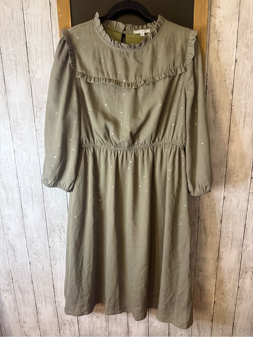 Baltic Born Womens Ruffle Neckline Sage Green Gold Dots Dress Lined Peasant XL